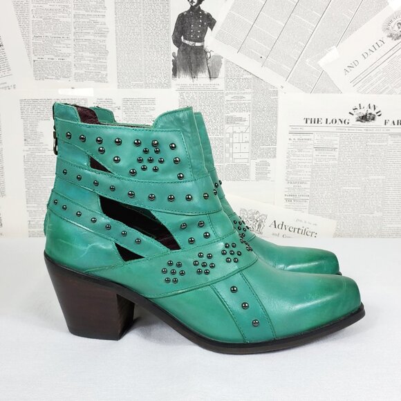 SOLD Lucky & Blessed Turquoise Leather Studded Cutout Western Cowboy Ankle Boots - Picture 4 of 12